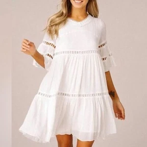 New Listicle White Crochet Eyelet Dress Large Gauze Lined Boho Beachy Bridal - Picture 1 of 16