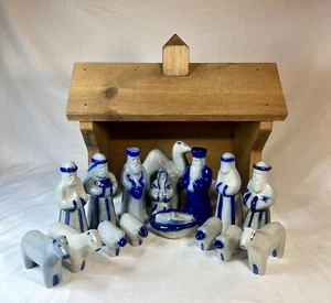 RARE VTG David Eldreth Pottery Salt Glazed Christmas Nativity Scene 17pc +Manger - Picture 1 of 10