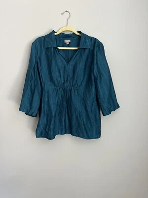 J Jill Tunic Top Sz Medium Blue Teal Shimmery Top Tencel Lyocell 3/4 Sleeve - Image 1 of 4