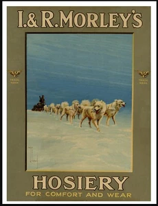 SAMOYED SLED DOG TEAM ON VINTAGE STYLE HOSIERY ADVERT DOG ART PRINT POSTER - Foto 1 di 1