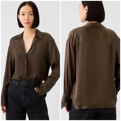 Gap 女式长袖缎面衬衫 TERRA 棕色宽松版型 M 码全新带标签 — 第 1/4 张图片