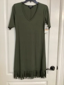 NWT Karen Kane Women's Summer Shift Dress Olive V-neck w/Fringe hem line Size S - Picture 1 of 6