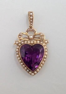 Victorian Amethyst & Pearl Heart Pendant Necklace 925 Sterling Silver Free Chain