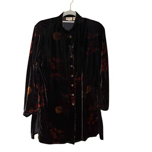 Chico's Asian Silk Velvet Printed button front Long Jacket black orange red 1 - Picture 1 of 4