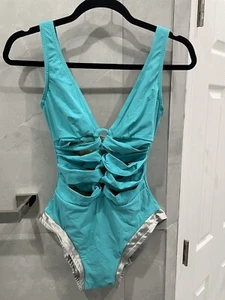 TRAJE DE BAÑO KARLA COLLETTO TURQUESA DE UNA PIEZA CON RIBETE METÁLICO TALLA 8 EE. UU. - Imagen 1 de 22