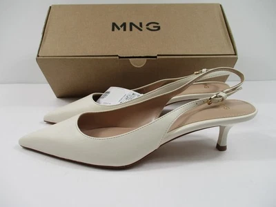 -NUEVO MNG Mango Zapato Punta Eslinga Trasera Gatito Tacones Patente Blanco Crema Talla 38 Foto 1 de 4