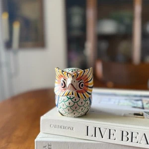 Hand Painted Wood Owl Figurine | Folk Art Bird Sculpture | Colorful Carved Decor - Picture 1 of 9