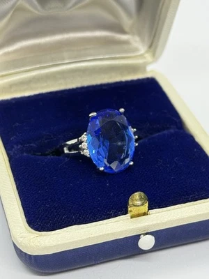 925 Серебряный овальный синий CZ коктейльное кольцо размер 6 1/4 15,5 мм камень родия маркировка 925 - Изображение 1 из 4