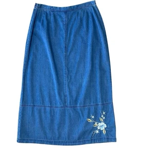 VINTAGE 90s JACLYN SMITH Floral Embroidered Denim Midi Skirt Size Large 12 14 - Picture 1 of 6