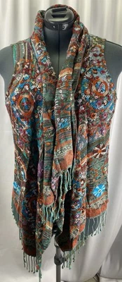 Anu Women’s Medium Open Draped Boho Fringe Hippie Colorful Sleeveless Cardigan - Image 1 of 4
