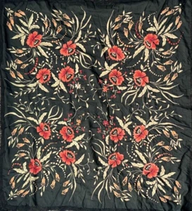 VINTAGE PIANO SHAWL BLACK with colorful EMBROIDERY LONG FRINGE Bin-Z - Picture 1 of 10