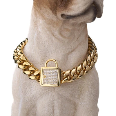 14mm 24"Gold Dog Collar with Zirconia Buckle Stainless Steel Curb Chain Necklace - Image 1 of 4