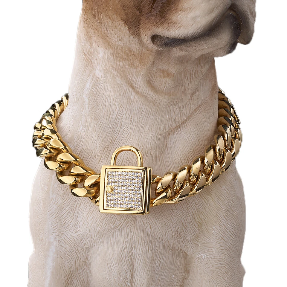 14mm 24"Gold Dog Collar with Zirconia Buckle Stainless Steel Curb Chain Necklace - Image 1 of 4