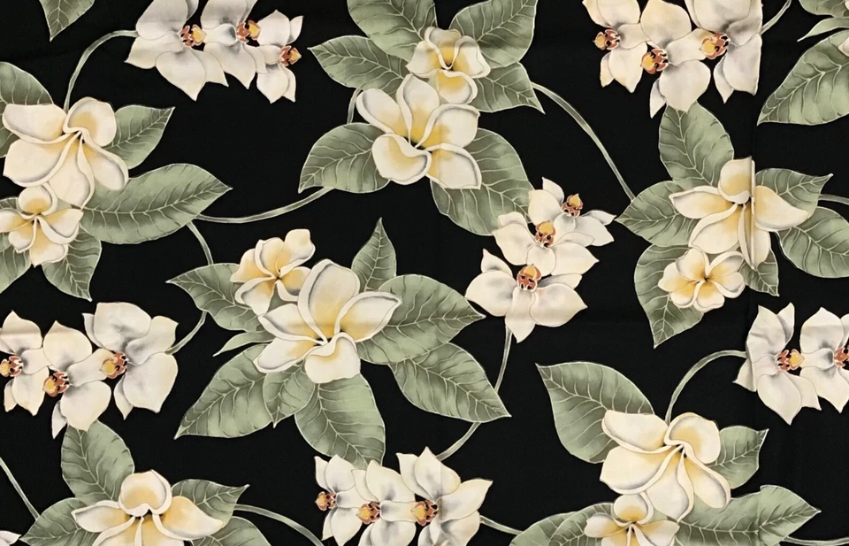 "Tela con estampado hawaiano por yarda - Plumeria y orquídea (fondo negro) - 43""" Foto 1 de 1
