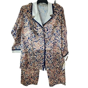 NWT Vintage Appel Womens Floral Satin Sleepwear Pajamas Blue Pink Button - Picture 1 of 10