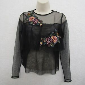 Guess Los Angeles Embroidered Floral Ruffle Mesh Long Sleeve Top Blouse Black XS