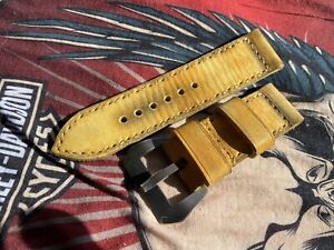 28 mm handmade leather watch strap, distressed yellow .For VDB Vintage .