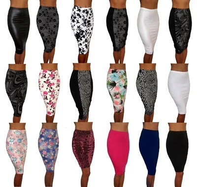 22-26" PENCIL MIDI HIGH WAIST BODYCON STRETCH SKIRT SIZE UK 8 10 12 14 16 18 20 - Image 1 of 3