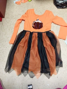Neu mit Etikett Cat & Jack Mädchen Kleid mit Pailletten Kürbis Langarm Tüll L 10/12 - Bild 1 von 1