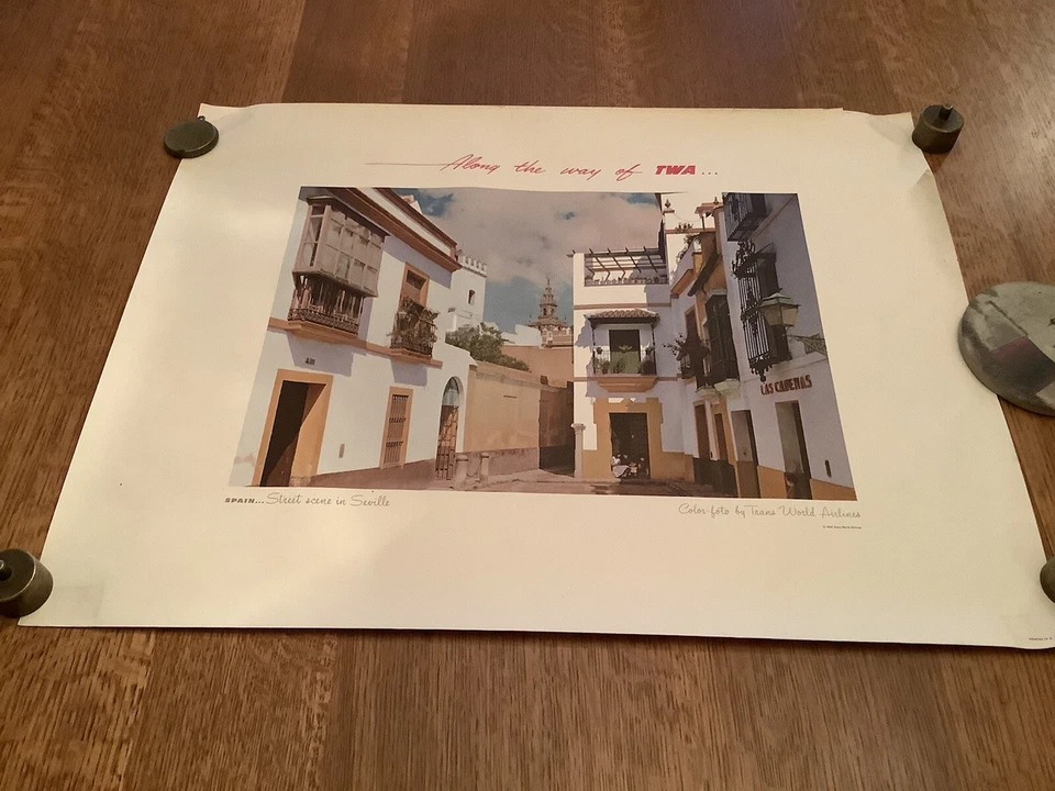 Póster de viaje vintage original años 50 17x22" TWA Airlines: Sevilla España Foto 1 de 4