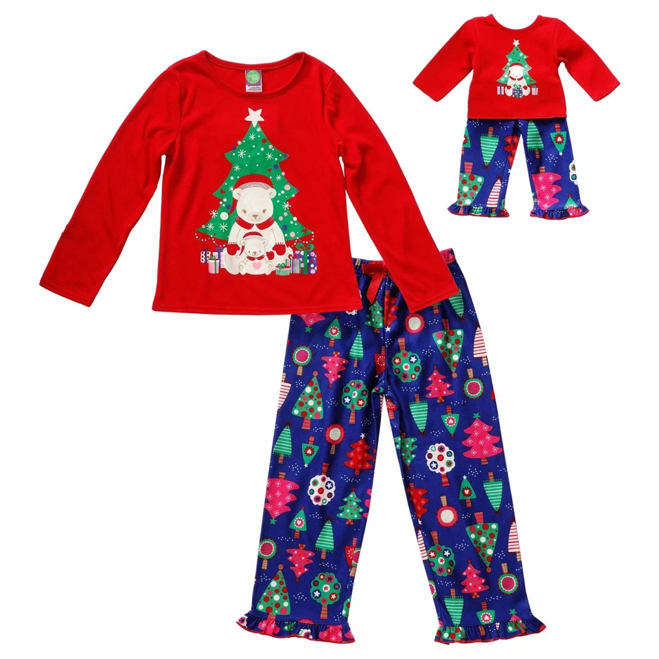 Girl 4-12 and 18" Doll Matching Red Christmas Bear Pajamas Outfit American Girl - Image 1 of 2