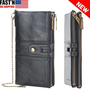 Men's Long Wallet with Chain Leather RFID Blocking Biker Trucker Bifold Zipper - Picture 1 of 12