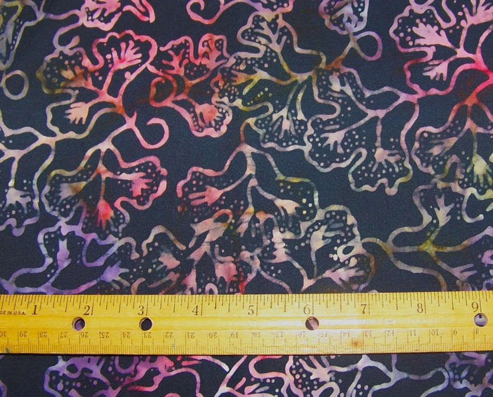 1 yard of Batik PURPLE & PINK LEAVES on BLACK 100% COTTON FABRIC - Image 1 of 1