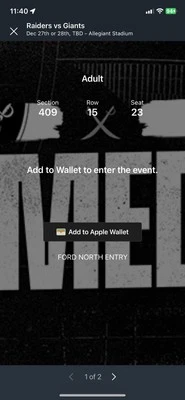 Las Vegas Raiders Vs NY Giants 2 Tix Sec 409 Row 15 Seats 23-24 Dec 27 or 28 TBD - Image 1 of 4