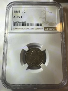 NGC AU-53 1863 Indian Head Cent, Lustrous, Golden-Brown specimen. - Picture 1 of 6