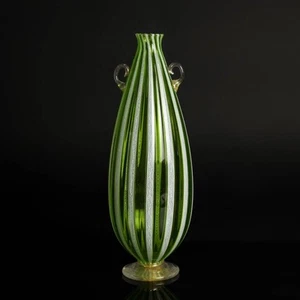 Fratelli Toso Murano Glas Vase ca. 1960-70 zanfirico grün weiß Henkel - Bild 1 von 4