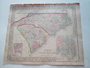 ONE (1) 1867/1870 MITCHELL  ATLAS MAP, "NORTH & SOUTH CAROLINA, CHARLESTON." - Picture 1 of 3