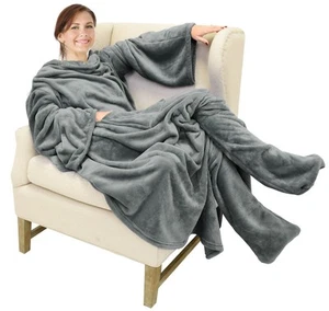Wearable Fleece Blanket with Sleeves and Foot Pockets for Adult Women Men, Mi... - Picture 1 of 6