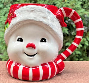 Vintage Snowman Mug Red Candy Cane Handle 4.75" H Ceramic Hand Painted - Picture 1 of 8