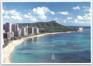 Vintage Waikiki Beach & Diamond Head Aerial View Hawaii Postcard 1989 - Picture 1 of 2