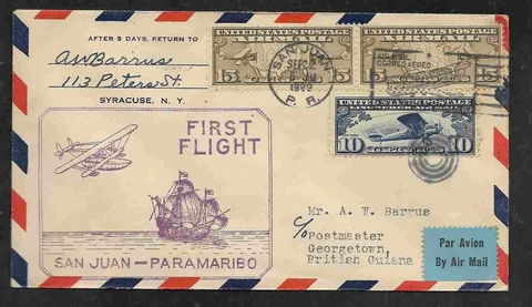 1929 LINDBERGH Flown First Flight Cover FAM6-15e Puerto Rico to British Guiana Cover