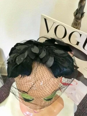 40’s Vintage Black Feather Face Net Fascinator Headpiece - Image 1 of 4