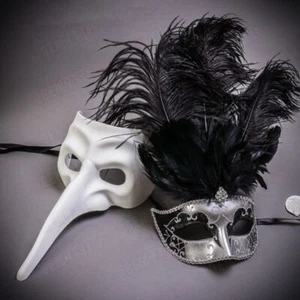 Luxury Black White Silver Couple Masks with Feather Masquerade Cosplay Long Nose - Picture 1 of 3