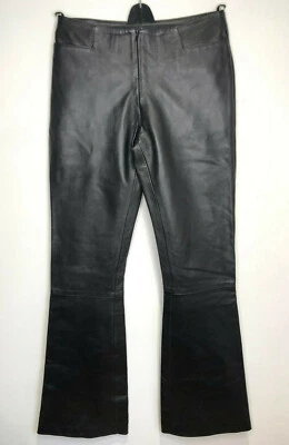 VTG 90s Y2K Camanchi Leather black flat front boot cut trousers UK 6 8 grunge  - Image 1 of 4
