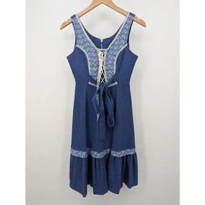 1970s Boho Prarie Cottagecore Lace-Up Dress Cotton Blend Tiered Tie Waist Size 5 - Bild 1 von 6