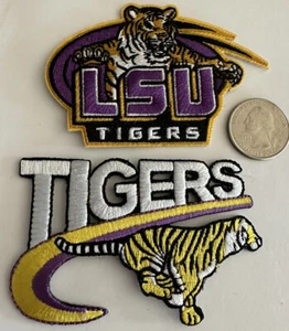 (2)- LSU TIGERS VINTAGE EMBROIDERED IRON ON PATCHES 3.25” x 2” & 3.25”x 2.25” - Picture 1 of 3