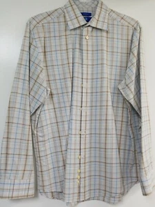 Egara Mens Blue/Tan Plaid Long Sleeve Dress Shirt Sz L  - Picture 1 of 3