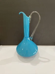 MCM Empoli Italy Cased Blown Glass Blue Clear Pitcher Ewer Vase Damaged - Picture 1 of 11