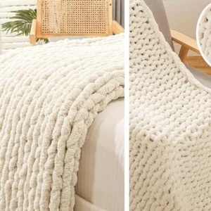 NEW West Elm Boho Chunky White Cable Knit Throw Blanket Bedding - 60" x 40" - Picture 1 of 11
