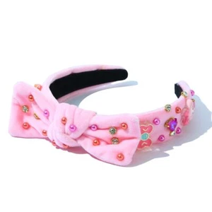 Top Knot Bow Headband Girls Pink Velvet Candy Heart Crystal Hairband - Picture 1 of 5