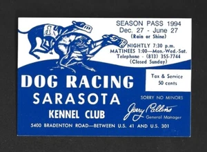 Tarjeta pase de temporada 1994 - carreras de perros, Sarasota Kennel Club - 2-1/2" x 3-5/8" - Imagen 1 de 2