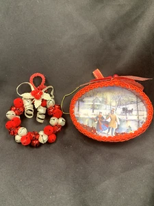 Vintage Christmas Ornament Red Ice Skating Shadow Box Red Bell Wreath Set of 2 - Picture 1 of 15