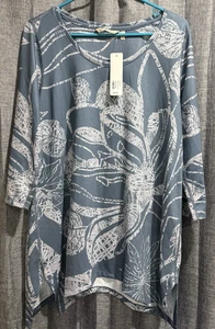 Weiche Umrandung Valerie blau Blumen Boho Tunika Shirt 3/4 Arm Größe Large Neu mit Etikett - Bild 1 von 10