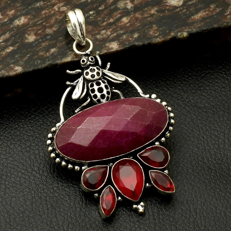 Colgante de piedras preciosas de granate rubí simulado hecho a mano insectos joyería 2,88" AP-40569 Foto 1 de 1