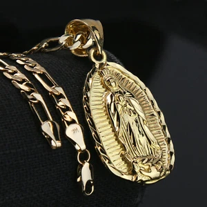 Guadalupe Breite 14k vergoldet Charm Anhänger 18" Figaro Halskette Halsband Kette 1. - Bild 1 von 6
