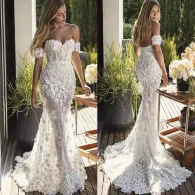 Sexy Mermaid Wedding Dresses Off The Shoulder Sleeveless 3D Floral Bridal Gowns - Image 1 of 4